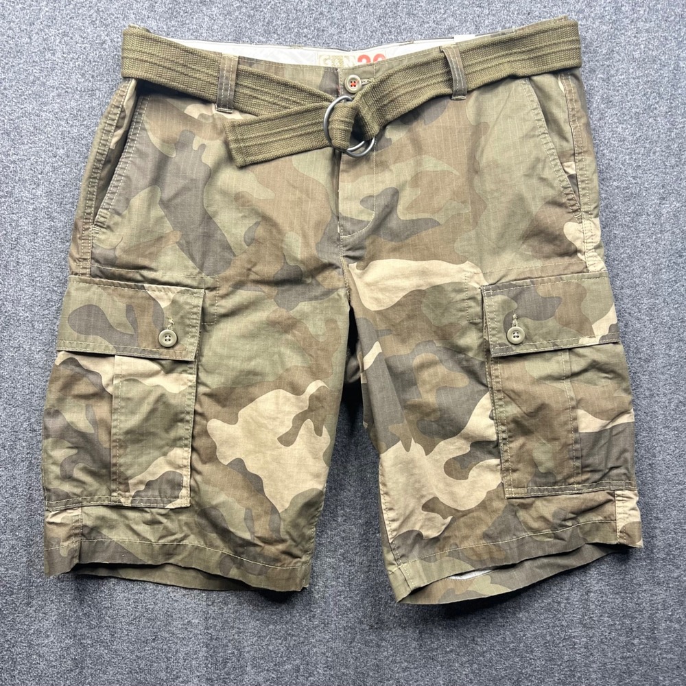 G&M Cargo Shorts Mens 36 Green Camo Ripstop Belted Utility Multi Pocket
